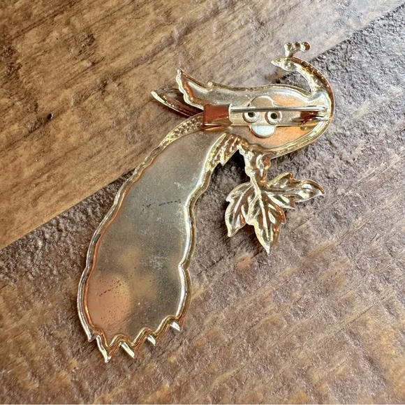 Vintage Bird Brooch Pin Glittering Peacock w/Leaf Red, Orange & Yellow Feathers - Picture 8 of 10